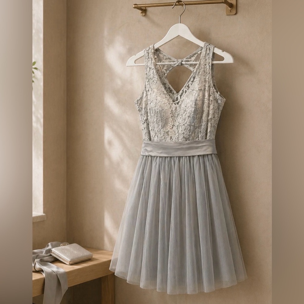 Aspeed Lace & Tulle Midi Dress in Soft Gray